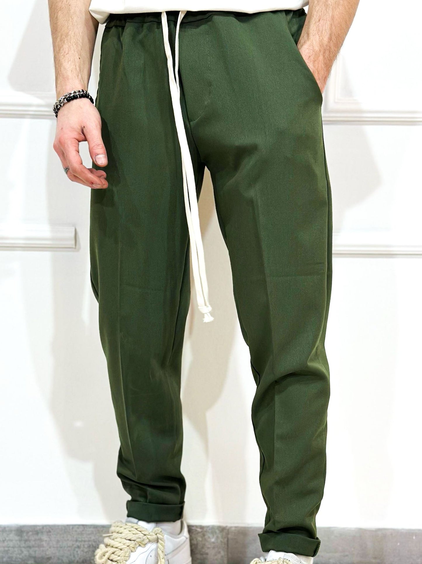 Pantaloni barbati casual kaki cu snur