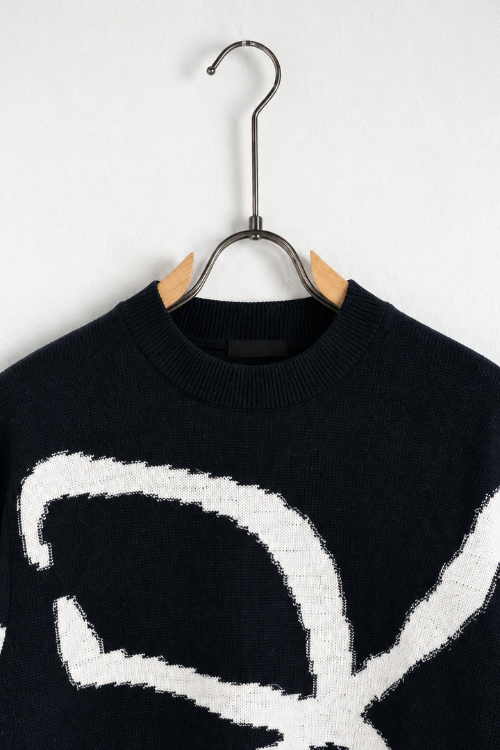 Pulover Bărbați Negru cu Model Abstract Alb, detaliu guler si tricot
