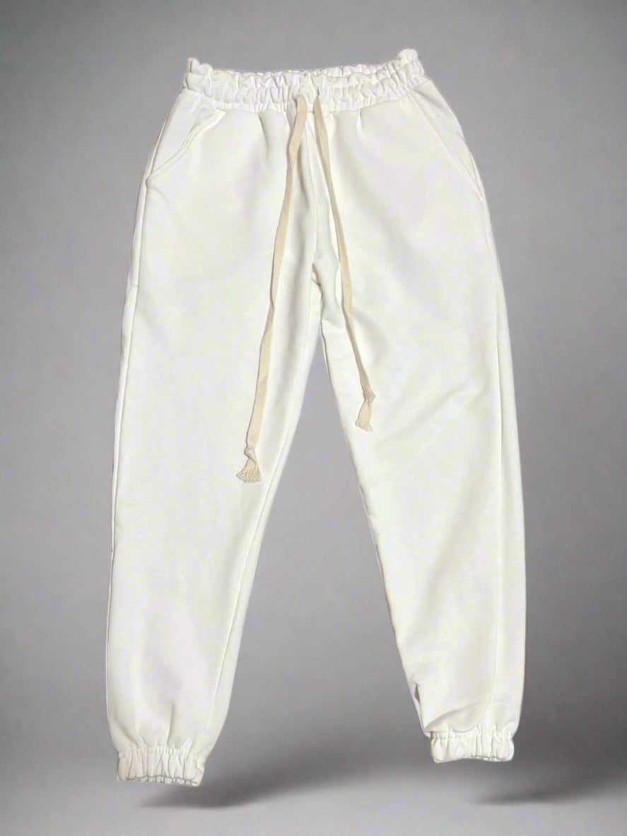Pantaloni albi streetwear din bumbac pentru adolescenti cu snur lung stil urban Atelier AXD