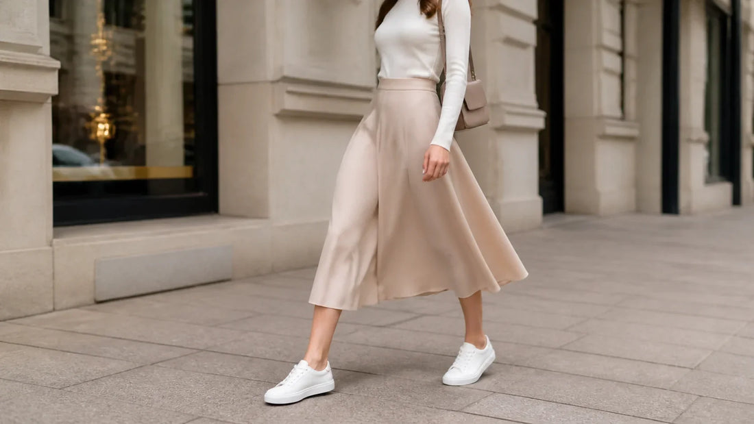 Adidași albi minimaliști purtați cu fustă midi bej