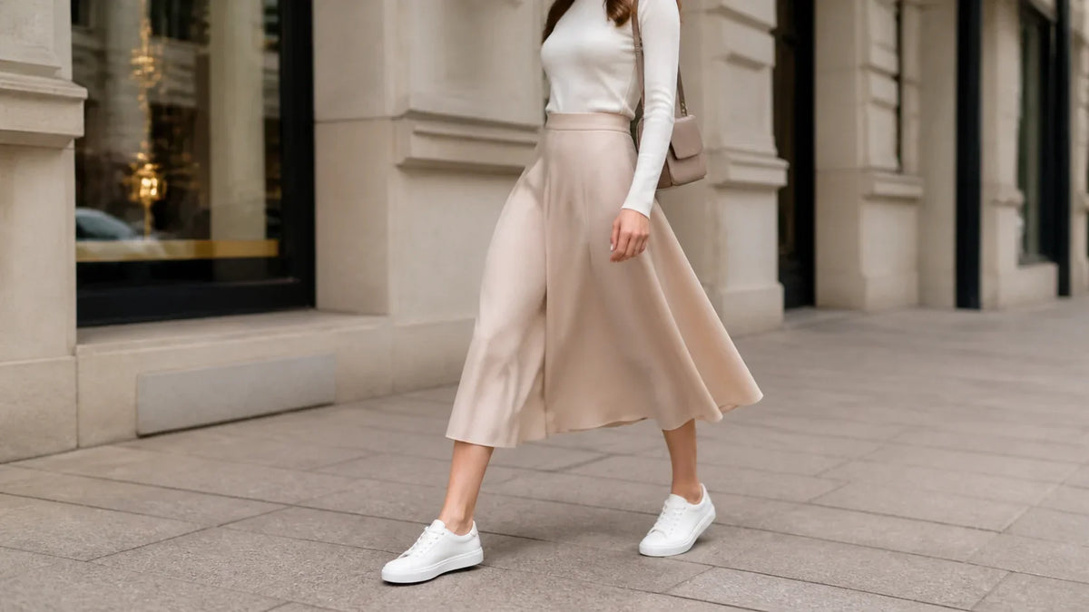 Adidași albi minimaliști purtați cu fustă midi bej