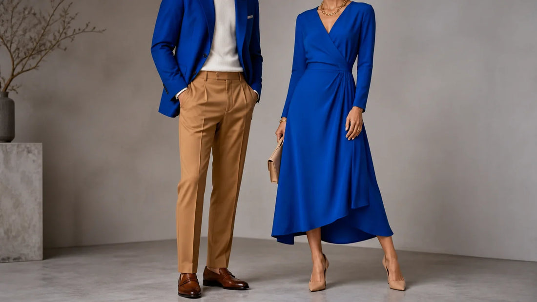 Ținute albastru cobalt asortate cu camel, ivory și accesorii aurii