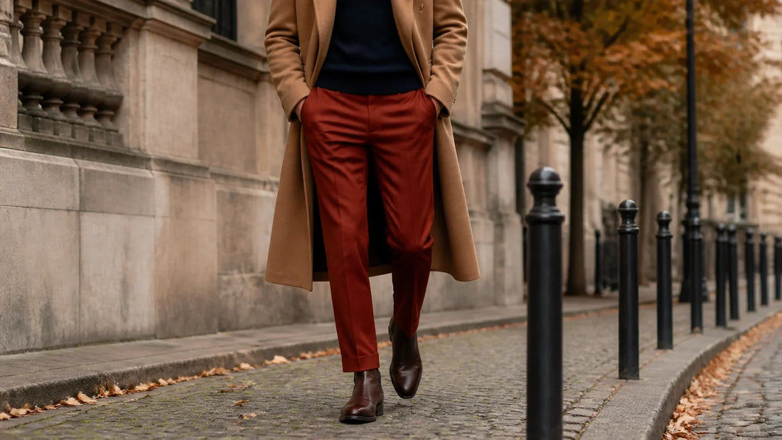 Ținută de toamnă cu pantaloni cărămizii, pulover navy și palton camel