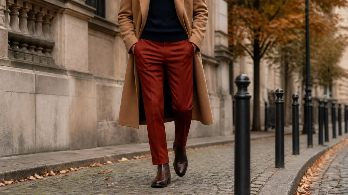 Ținută de toamnă cu pantaloni cărămizii, pulover navy și palton camel