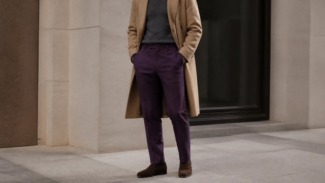 Ținută bărbătească cu pantaloni purpurii, pulover gri și palton camel