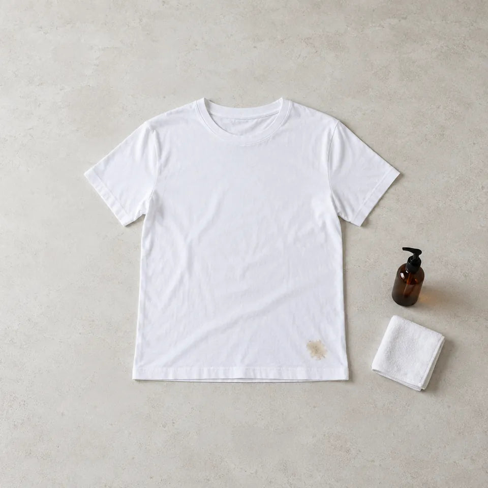 Tricou alb cu o urmă bej ilustrativă, lângă un flacon închis și o lavetă albă