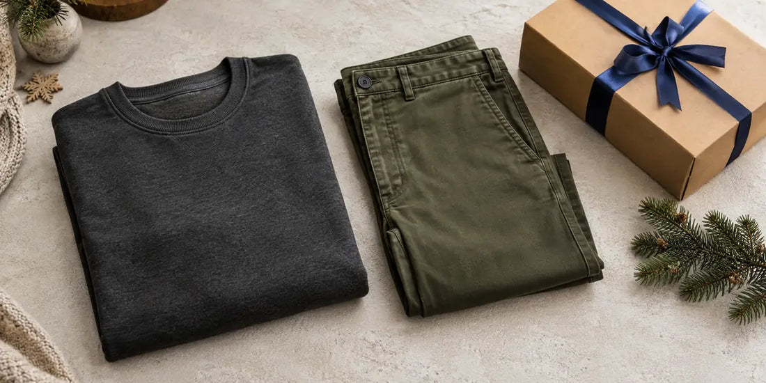 Bluză gri închis și pantaloni oliv împăturiți lângă o cutie cu panglică bleumarin
