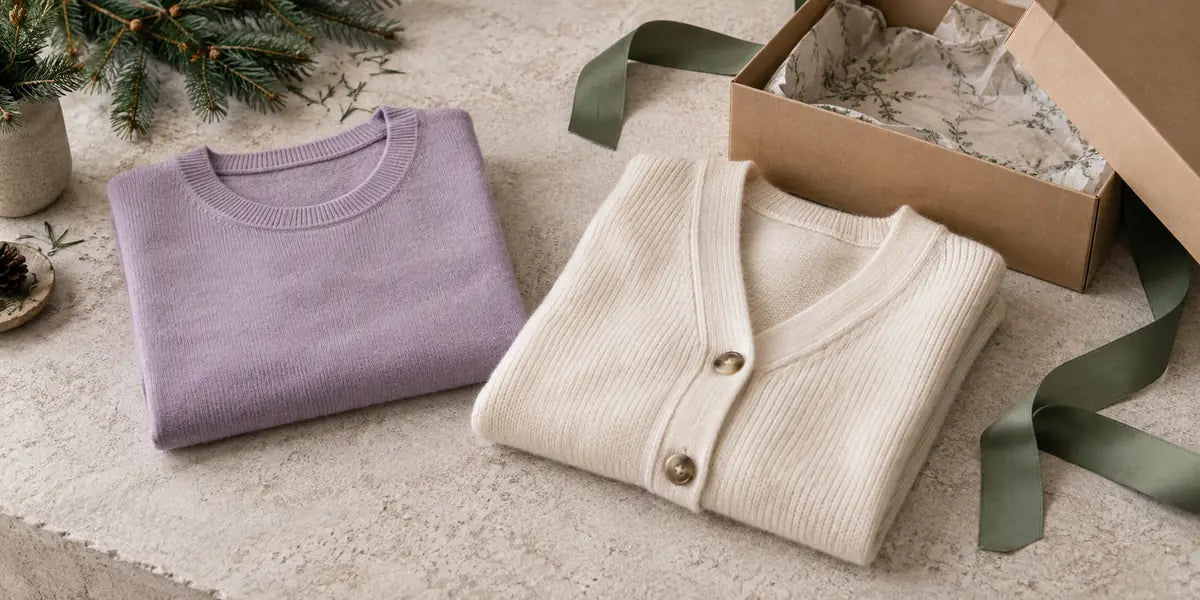 Tricot lila și cardigan crem împăturiți lângă o cutie și o panglică verde