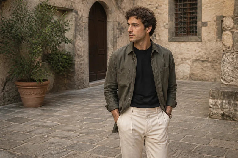 Bărbat cu o cămașă olive peste tricou negru și pantaloni crem într-o curte