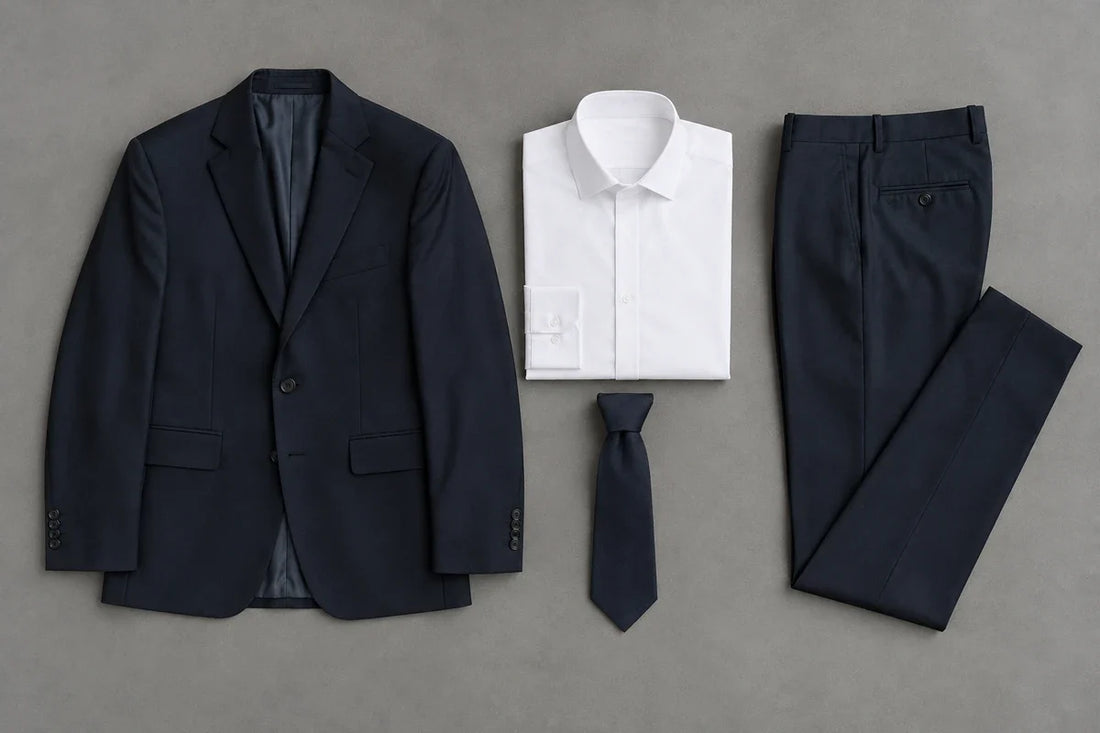 Costum bleumarin, cămașă albă pliată și cravată închisă, așezate separat pentru black tie optional