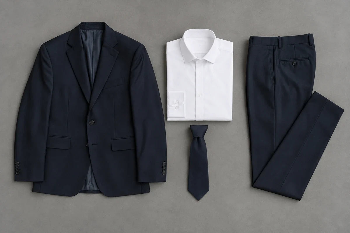 Costum bleumarin, cămașă albă pliată și cravată închisă, așezate separat pentru black tie optional