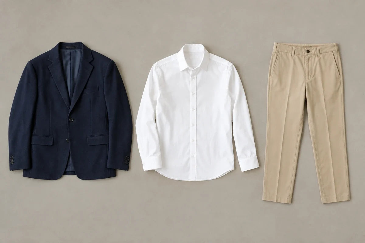 Sacou bleumarin, cămașă albă și pantaloni bej așezați separat pentru o ținută smart casual
