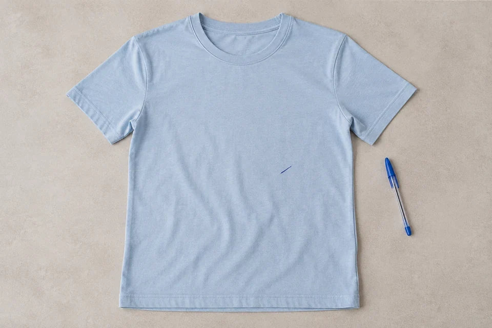 Tricou bleu cu o urmă albastră de pix și un pix așezat alături