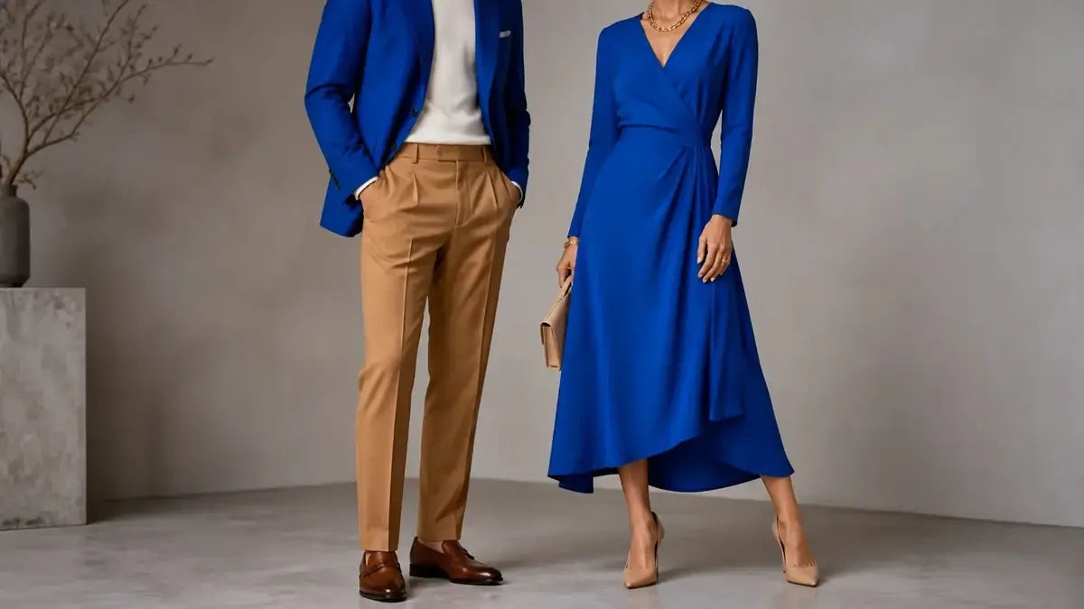 Ținute albastru cobalt asortate cu camel, ivory și accesorii aurii