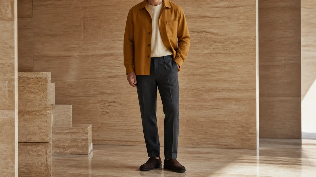 Ținută masculină cu overshirt galben ocru și pantaloni antracit