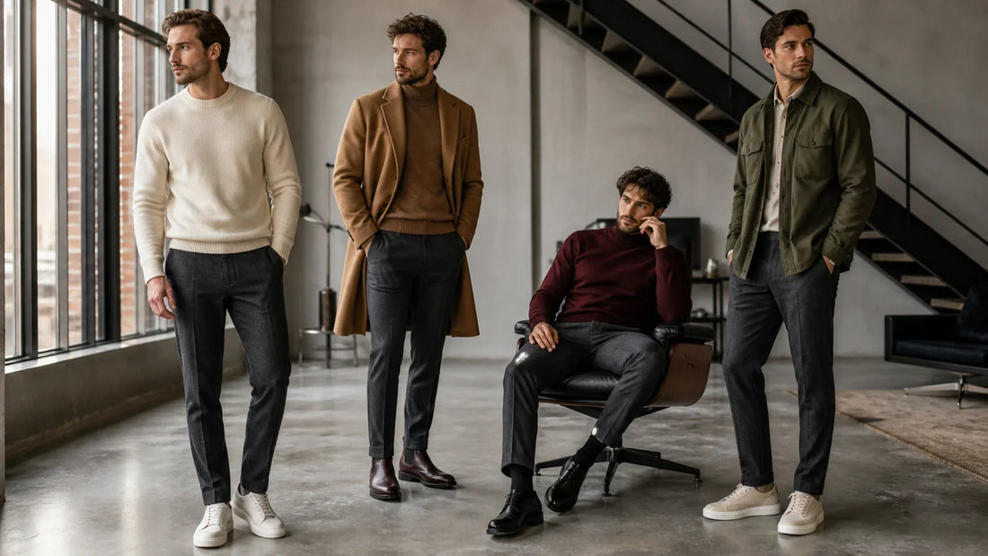 Pantaloni gri antracit asortați cu crem, camel, burgundy și verde oliv
