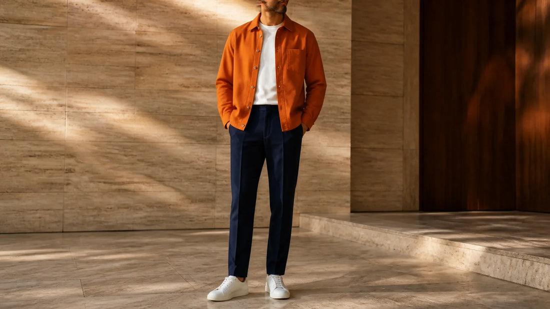 Ținută masculină cu overshirt portocaliu ars și pantaloni bleumarin