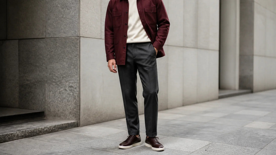 Ținută masculină cu overshirt vișiniu, tricou ivoire și pantaloni antracit