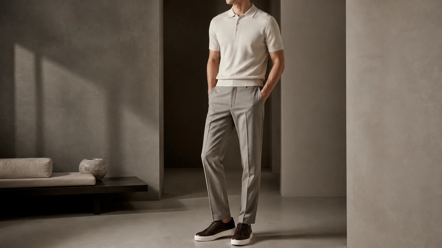 Ținută masculină elegantă în nuanțe grej și crem