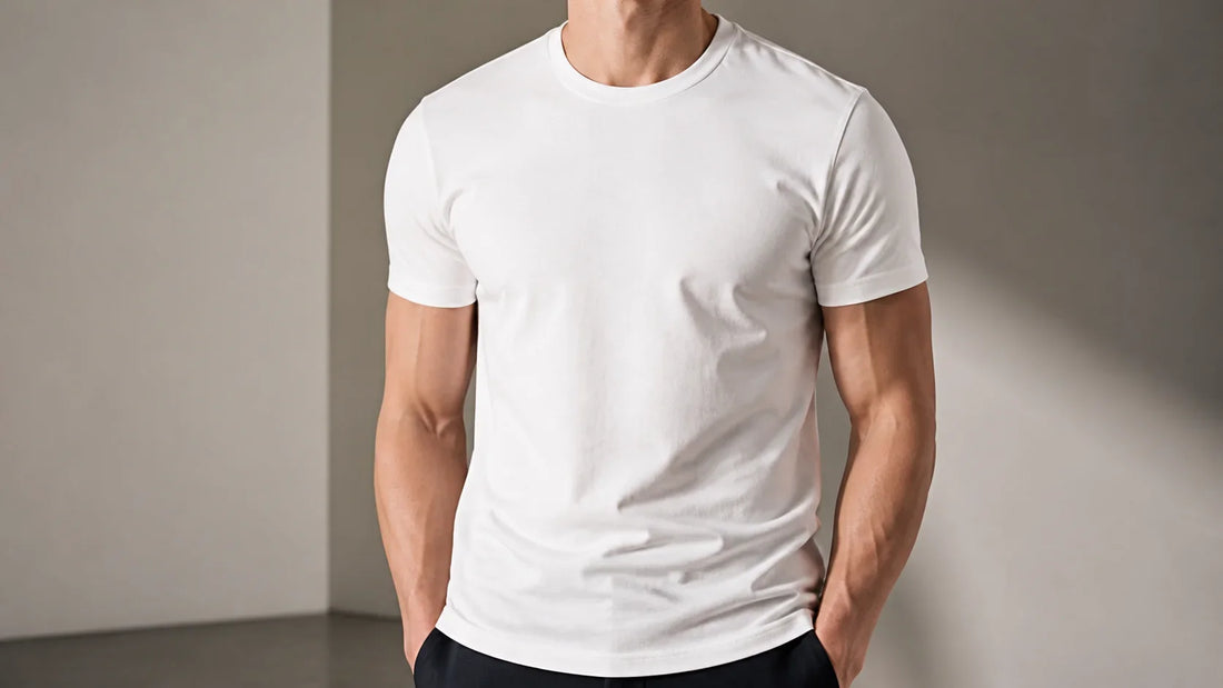 Bărbat purtând un tricou alb din bumbac cu o croială corectă