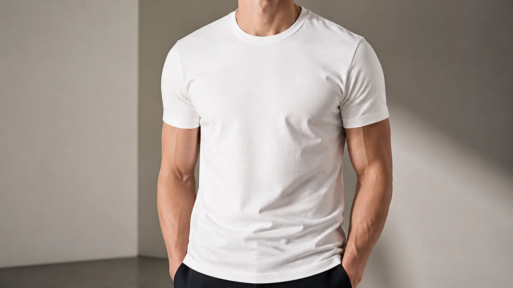 Bărbat purtând un tricou alb din bumbac cu o croială corectă