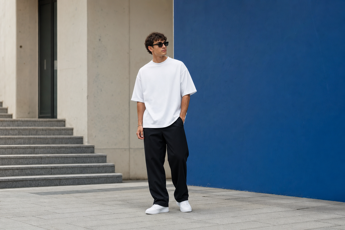 Bărbat purtând tricou oversized alb cu pantaloni negri într-o ținută urbană