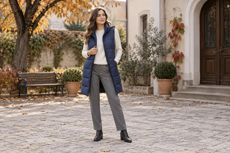 Vestă lungă matlasată bleumarin peste pulover crem și pantaloni gri, într-o ținută de toamnă