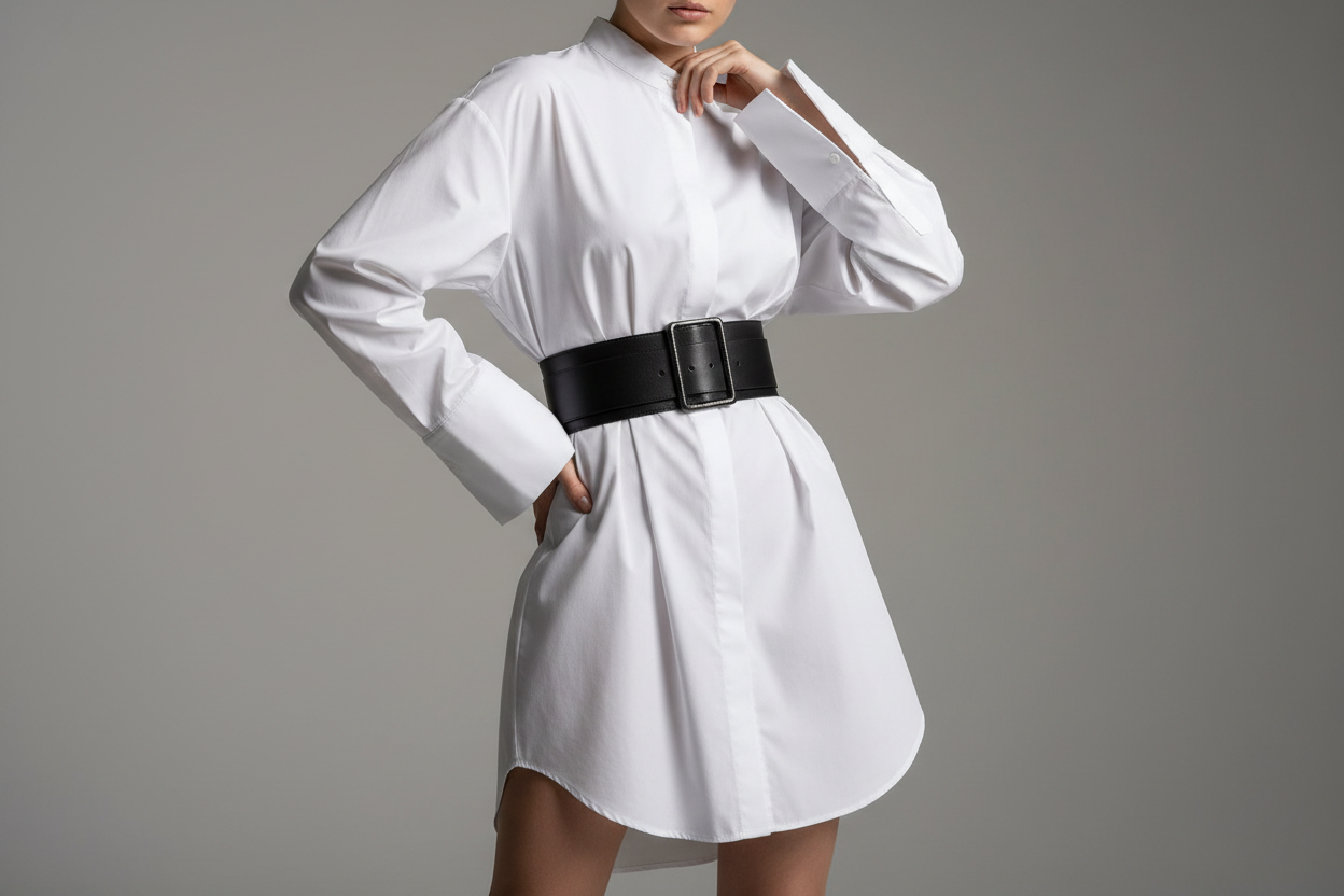 Femeie purtând o rochie cămașă albă oversized cu curea neagră lată, stil minimalist 2026.