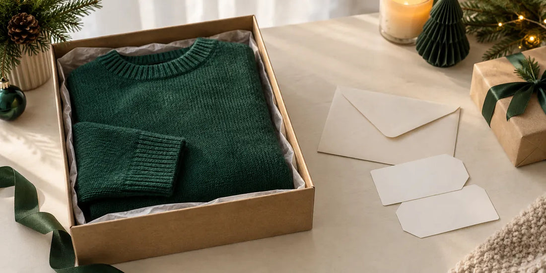 Pulover verde într-o cutie, lângă un plic și două carduri simple în formă de bilete