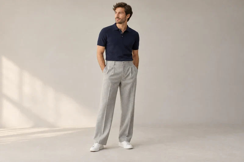 Bărbat în pantaloni lungi gri cu croială largă, polo bleumarin și sneakers albi