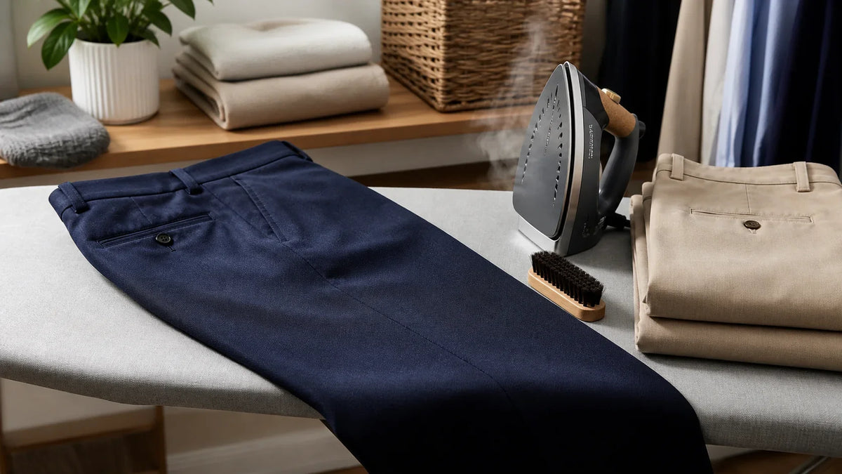 Pantaloni bleumarin pregătiți pentru călcare și întreținere corectă
