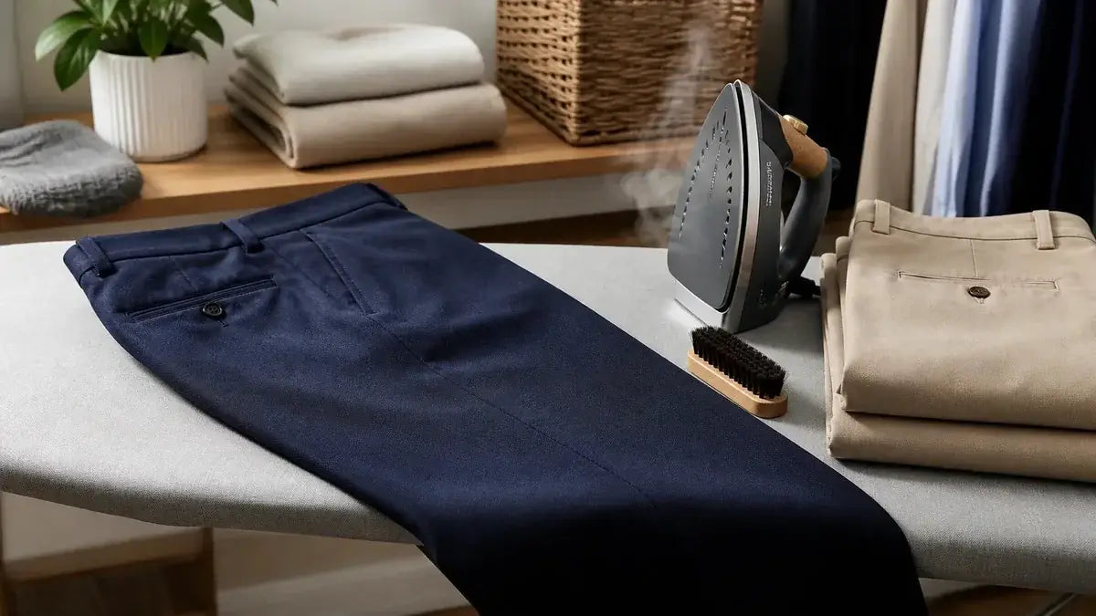 Pantaloni bleumarin pregătiți pentru călcare și întreținere corectă