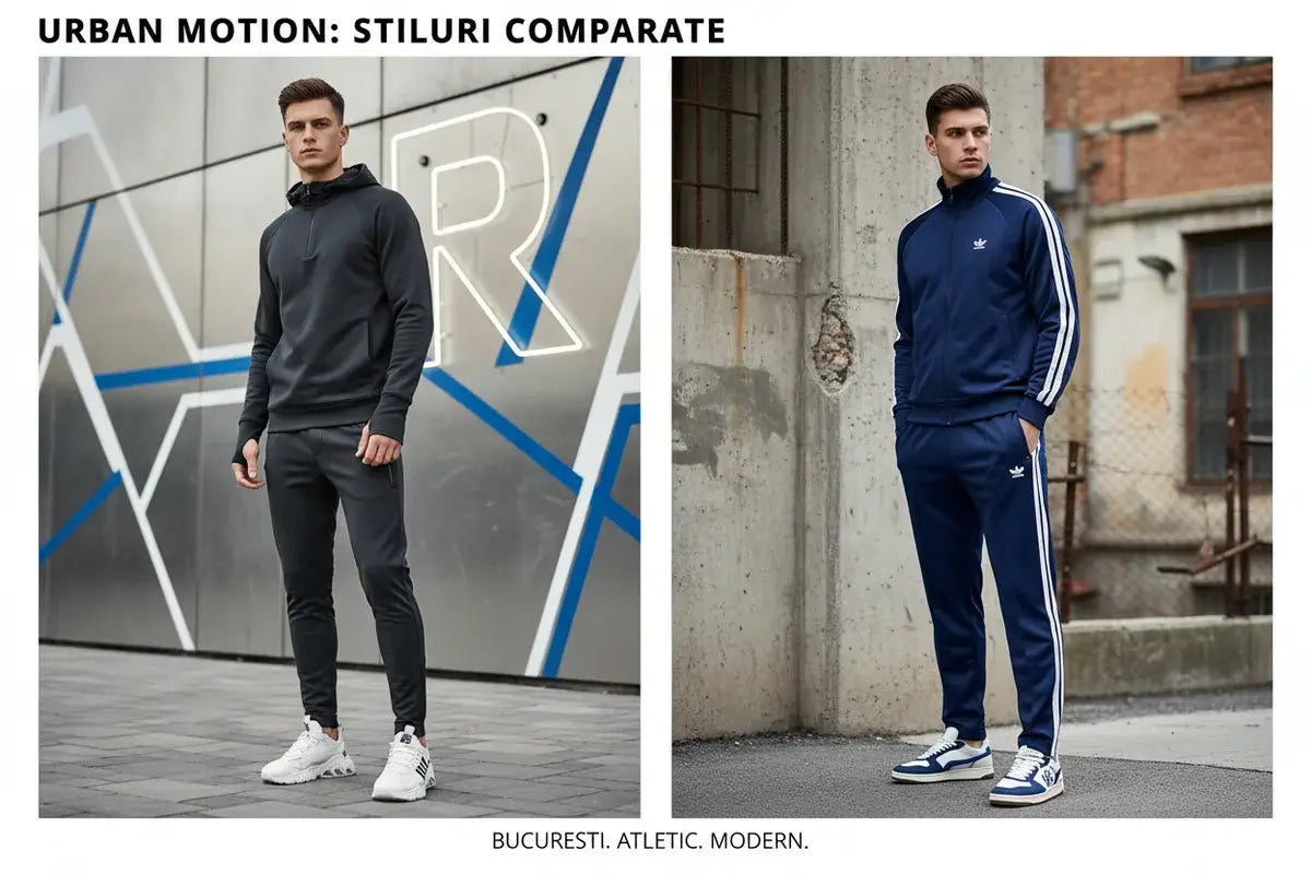 Două ținute sport în nuanțe de gri și bleumarin, prezentate comparativ