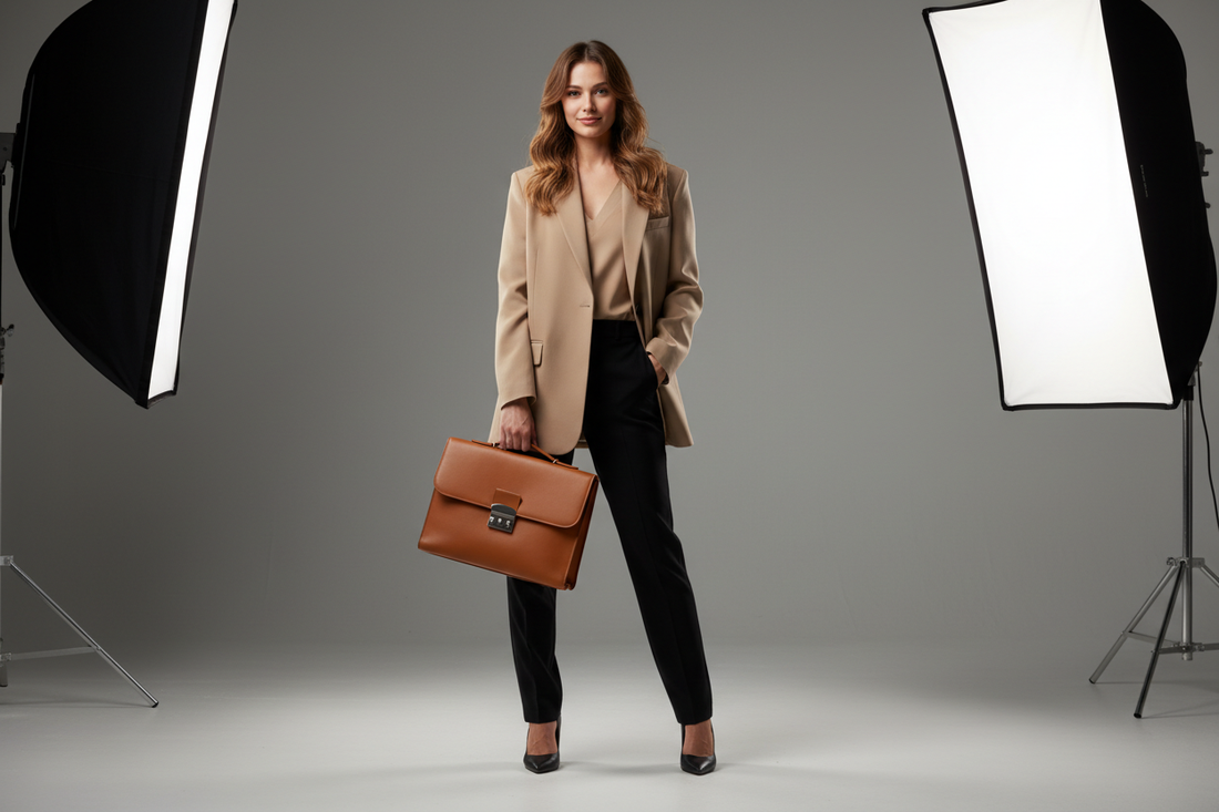 Femeie în ținută business casual modernă cu sacou bej și pantaloni negri.