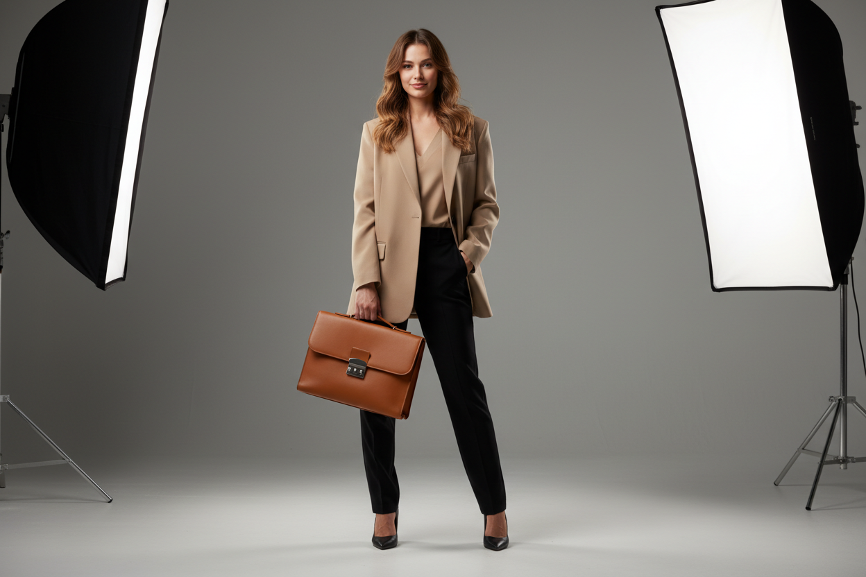 Femeie în ținută business casual modernă cu sacou bej și pantaloni negri.