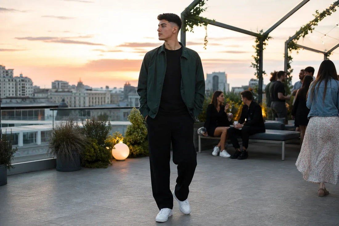 Bărbat în pantaloni și tricou negri cu un strat olive, pe o terasă la apus