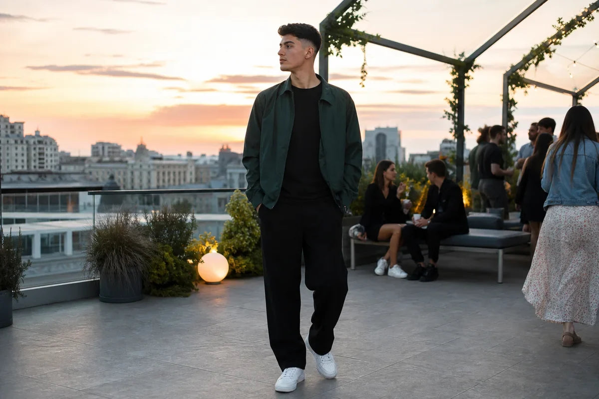 Bărbat în pantaloni și tricou negri cu un strat olive, pe o terasă la apus