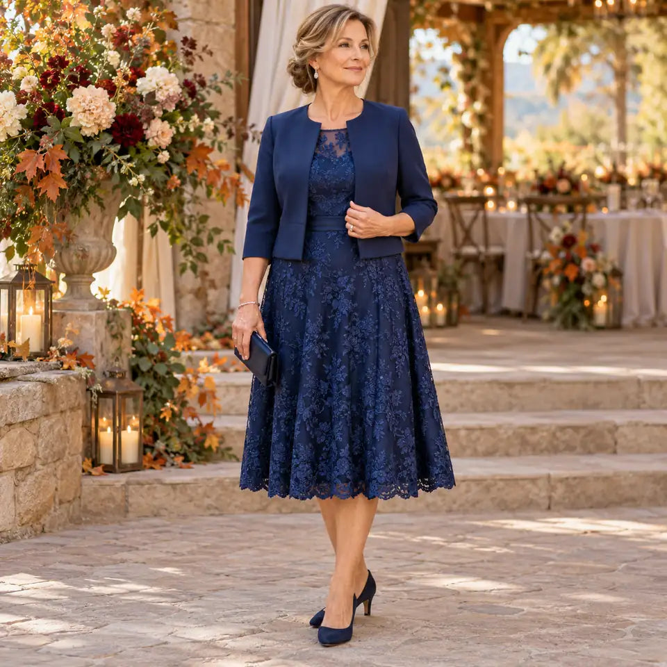 Rochie midi albastră cu jachetă simplă, într-o ținută elegantă pentru mama mirelui.