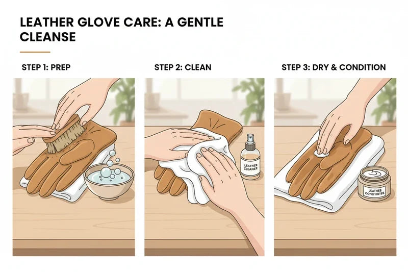 Ilustrație istorică în trei cadre cu mănuși maro, lavete și produse de îngrijire