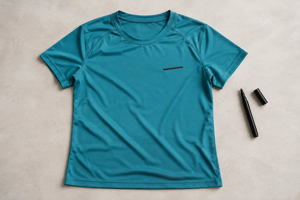 Tricou turcoaz cu o urmă neagră de marker și markerul alături