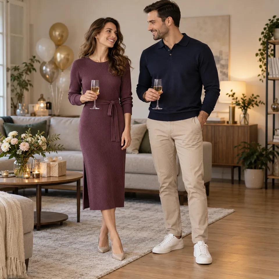 Ținute comode și îngrijite pentru o onomastică acasă, cu rochie tricotată și pantaloni cu polo.