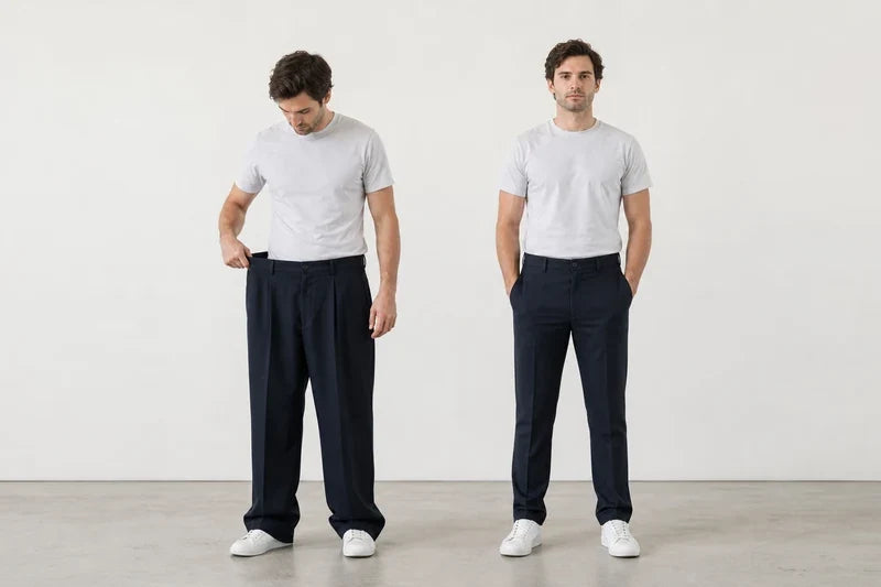 Două exemple cu pantaloni bleumarin: betelie ținută lateral și pantalon așezat pe corp