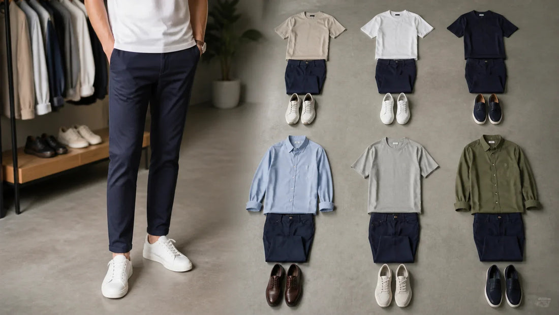 Pantaloni bleumarin cu tricou: combinații masculine – imagine principală pentru ghidul Atelier AXD