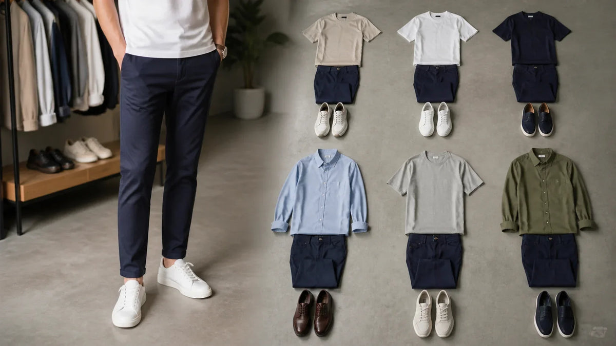Pantaloni bleumarin cu tricou: combinații masculine – imagine principală pentru ghidul Atelier AXD