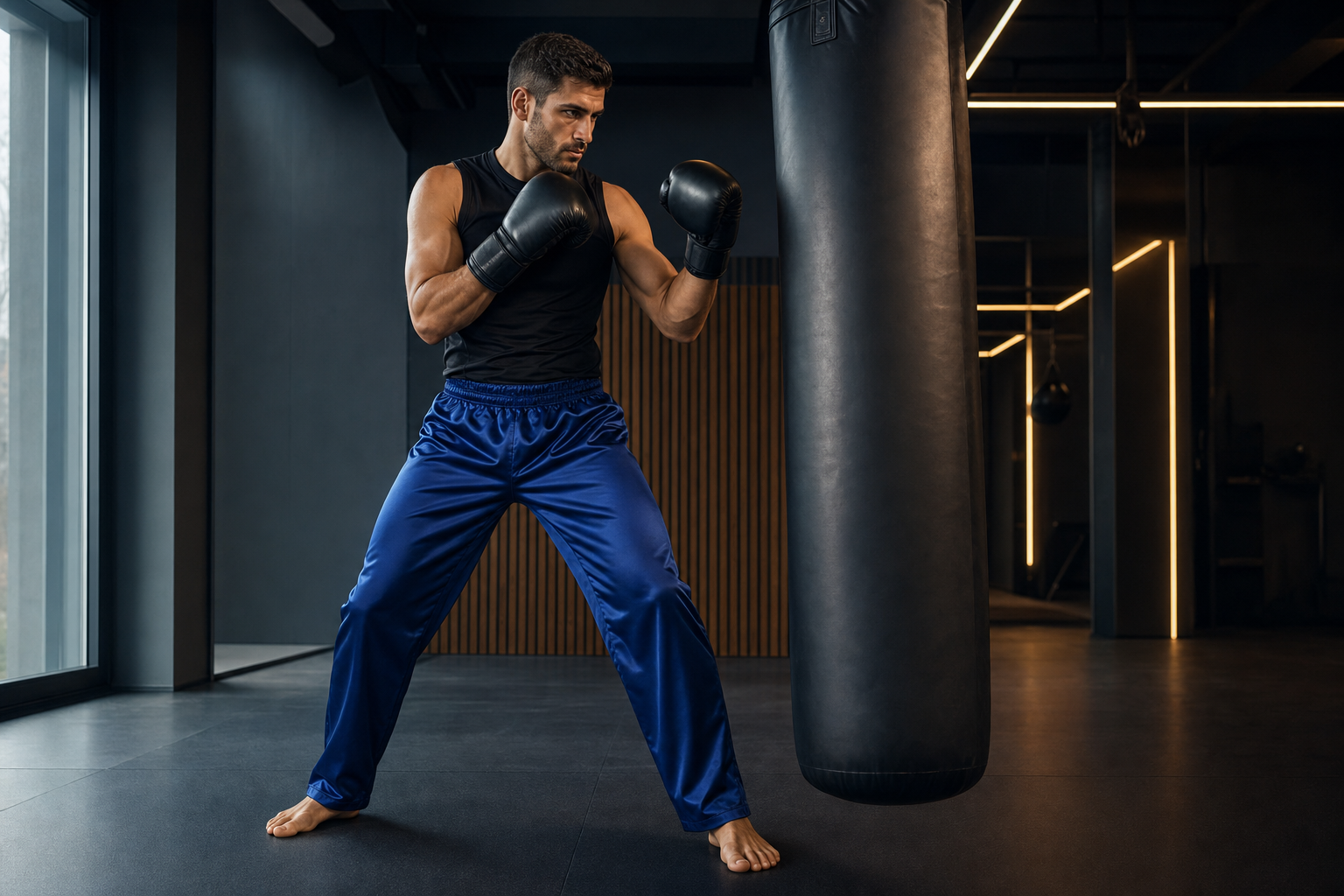 Sportiv purtând pantaloni albaștri din satin pentru box și kickbox