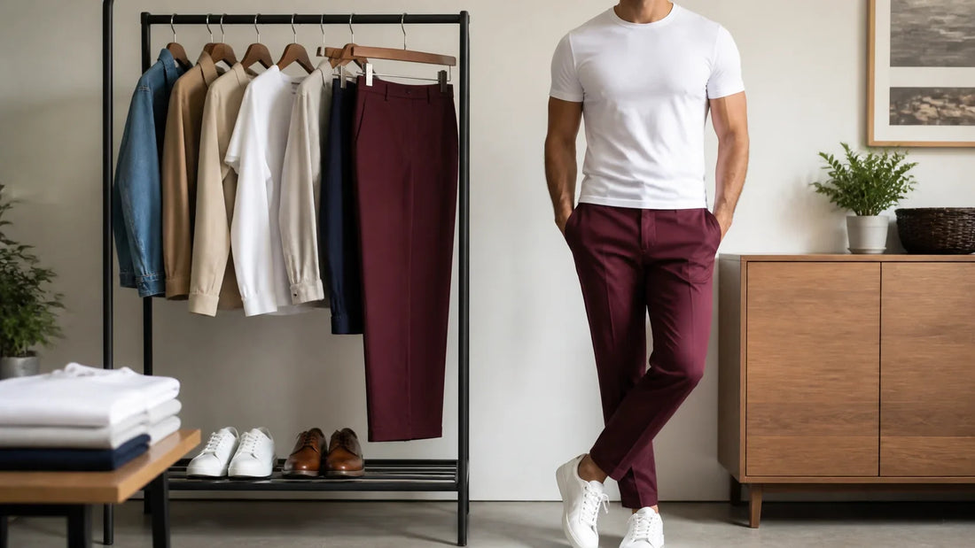 Pantaloni burgundy cu tricou: culori echilibrate – imagine principală pentru ghidul Atelier AXD