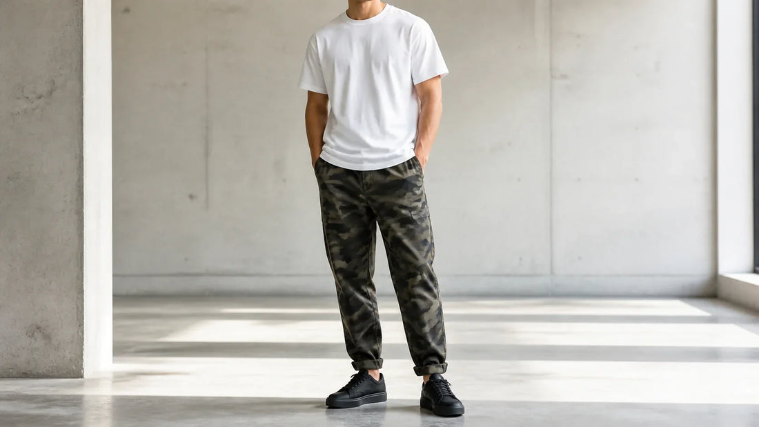 Ținută masculină simplă cu pantaloni camo și tricou alb