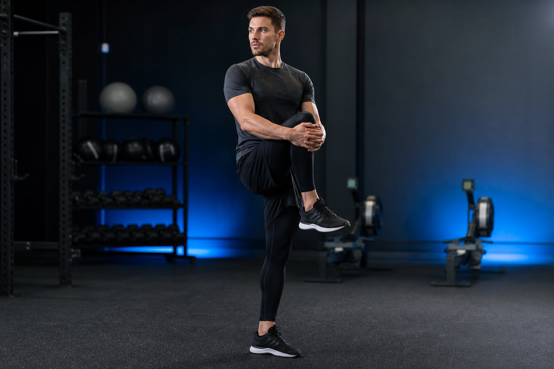 Bărbat purtând pantaloni de compresie negri în timpul încălzirii la sală