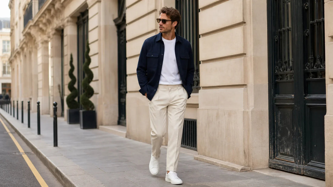 Pantaloni crem pentru bărbați asortați cu jachetă bleumarin și tricou alb