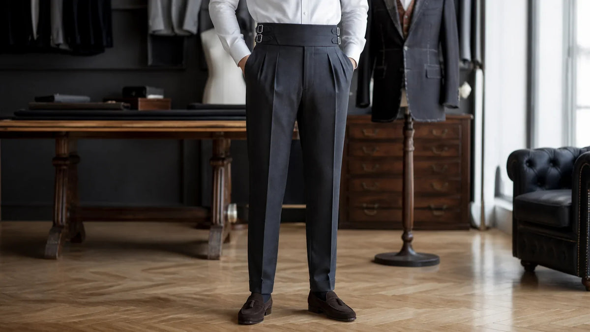 Pantaloni Gurkha sartoriali pentru bărbați cu talie înaltă și catarame laterale